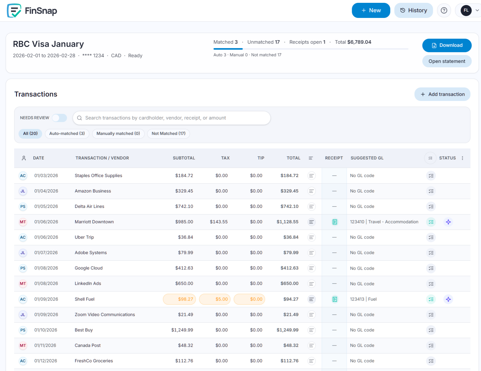 FinSnap transactions table with reconciliation rows ready for review.